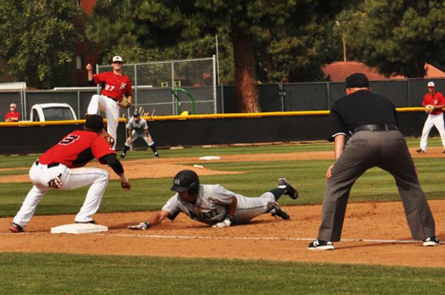 Matadors Brycen Rutherford (Center) makes a pickoff move to the first baseman  Will Colantono (Bottom Left) as a Hawaii baserunner leaps for the base. (Photo Credit: Zuying Chen / Contributor)