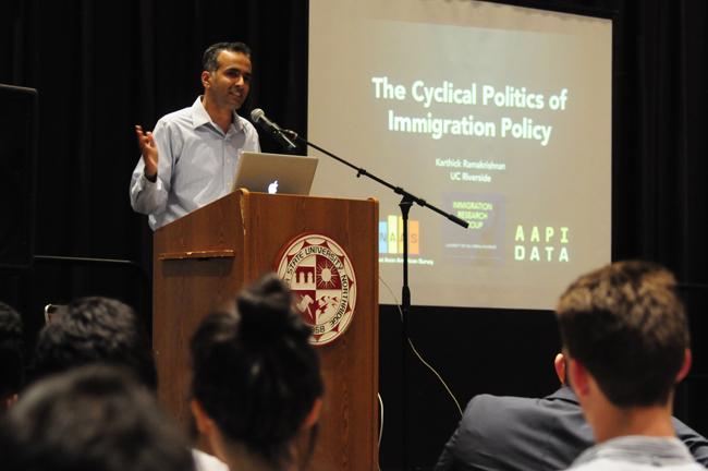 Karthic Ramakrishnan from the University of  California, Riverside gives a lecture at the Central American Studies lecture at the Northridge Center on April 28. (Photo Credit: David J. Hawkins/Photo Editor)