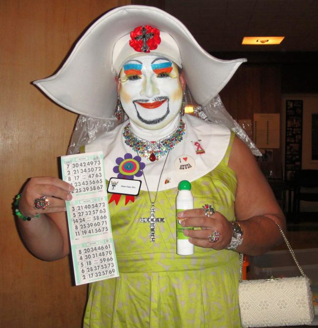 Sister Fatty-Ma, of the Sisters of Perpetual Indulgence, at a charity bingo event at the Westminster Presbyterian Church in Pasadena. 