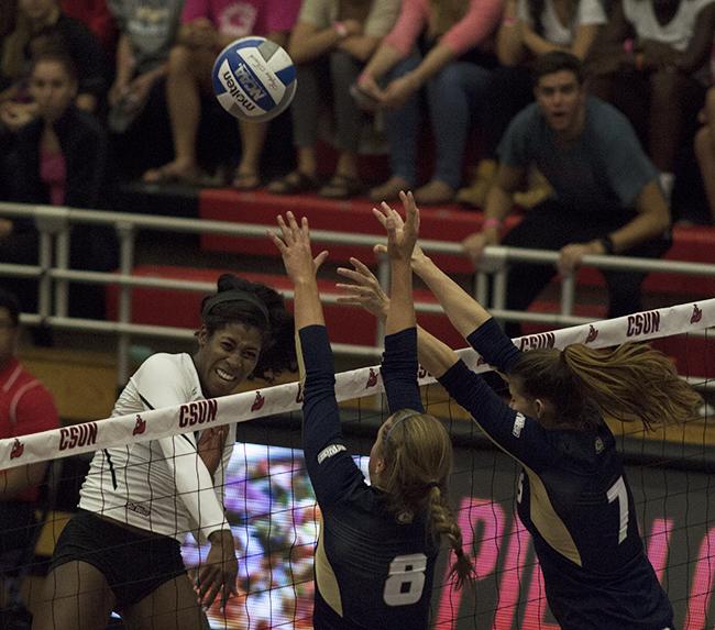 Junior Danetta Boykin had 17 kills and 40 total attacks for the Matadors in their Friday night matchup with the UC Davis Aggies. The Matadors fell to the Aggies in the fifth set. Photo credit: Trevor Stamp