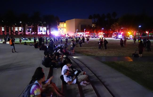 The LA Fire Department responds to an alarm in the Oviatt Library due to an electrical short that occurred in the motors that power the main elevators. Photo Credit: Augusto R. Santos/ Oviatt Equipment System Specialist