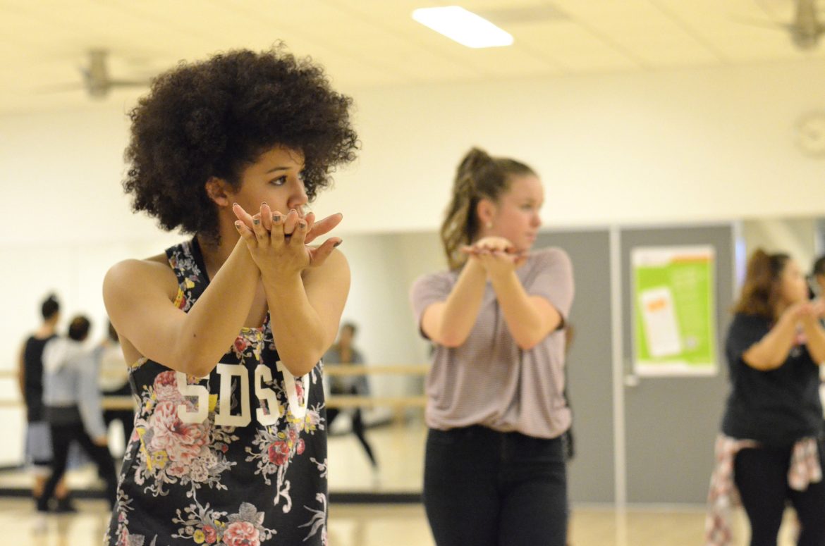 Members of the CSUN Hip-Hop Club practice a dance routine in the Motivation Studio at the SRC. Club members cherish the relationships they form with one another and the happiness they gain from performing. 
