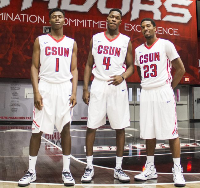 From left: Freshmen Michael Warren, Tavrion Dawson and Jerron Wilbut during the Men's Basketball media day on Nov. 6, 2014 in the Matadome. Photo credit: Trevor Stamp/The Sundial