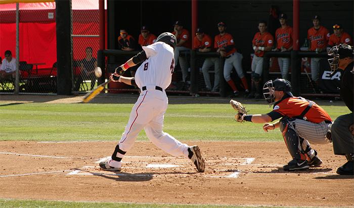 Senior Chester Pak struggles leading off for the Matadors going 0 for 5 in the day with 2 strikeouts in the loss to Cal State Fullerton by a final score of 5-3  in the Big West Conference home opener game, Fri., Mar. 27, at Matadors Field. (Raul Martinez/ The Sundial)