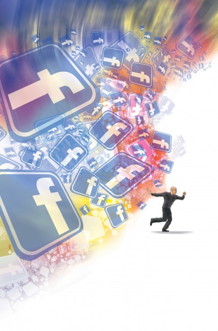 Chuck Todd color illustration of a man trying his best to run away from a whirlwind of Facebook logos. (Bay Area News Group/MCT)