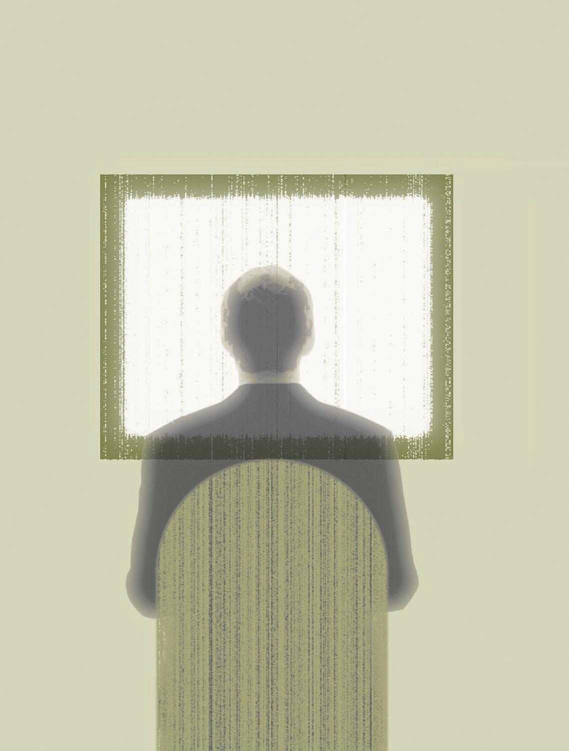 Hugo Espinoza color illustration of of a man seated in front of a large screen. Chicago Tribune 2006