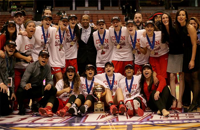 The CSUN Matadors celebrate thier back-to-back title in the Big West Conference after deefeating Hawaii by a final score of 67-60 at the Honda Center on March 14.