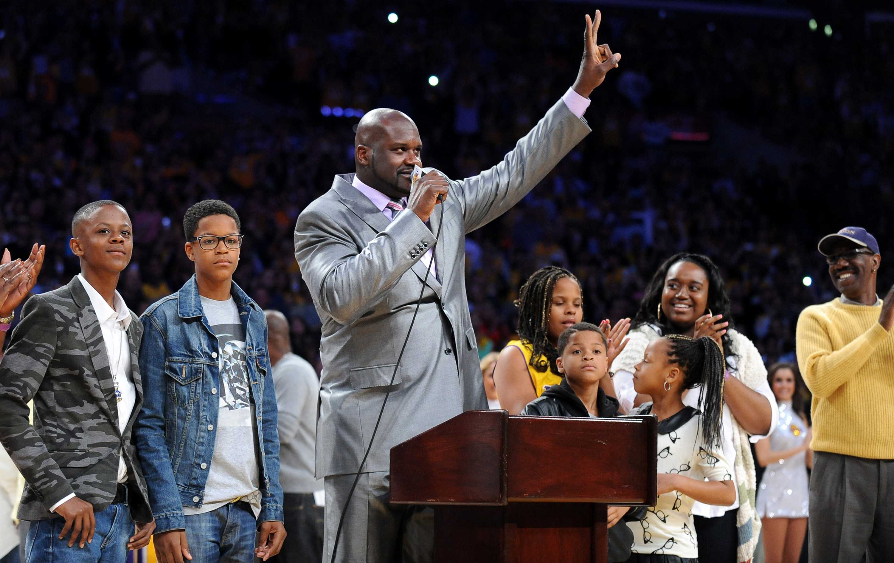 Former Los Angeles Lakers star Shaquille O'Neal during a ceremony to retire his number before a game against the Dallas Mavericks at Staples Center in Los Angeles, California, on Tuesday, April 2, 2013. (Wally Skalij/Los Angeles Times/MCT)