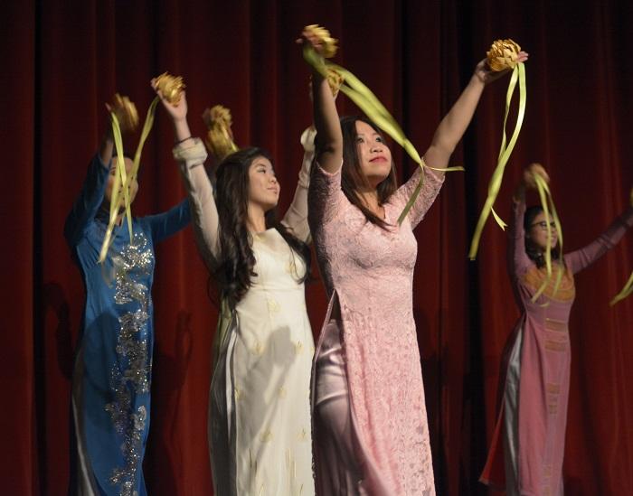 After the intermission, traditionally Vietnamese performances were performed by CSUN student Trammy Nguyen, and her VSA group members in-between scenes from Bonds, on Friday, April 17 at the Nordhoff Campus Theatre. Photo credit: Sean Thomas