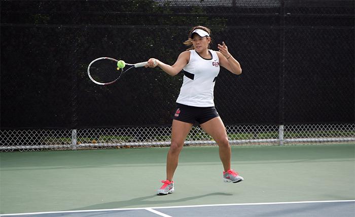 Kiryang Kim returns the serve in an intense game that went to three setsand finished with Kims 10-8 victory and a CSUN 6-1 victory over Towson University on Tuesday, March 17. (Raul Martinez/ Staff Photographer)