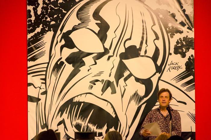 Professor Charles Hatfield presents a gallery talk at the Comic Book Apocalypse: The Graphic World of Jack Kirby exhibit Monday, August 31. Photo credit: Vincent Nguyen