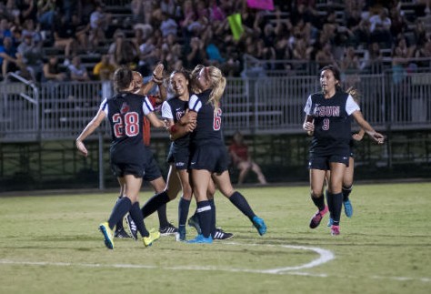 Matador Womens soccer players defeated the UC Irvine Anteaters on Thursday, Oct. 8, 2015 in Northridge, Calif. Forward Cynthia Sanchez (middle) scored two goals in the second half of the game resulting a 2-0 victory over the Anteaters. Photo credit: David Hawkins