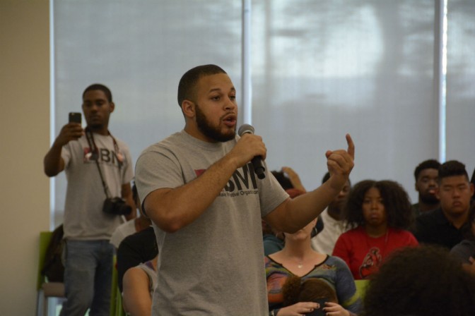 CSUN student and president of the Black Male Initiative, Wesley Williams, speaks at Thursday's 