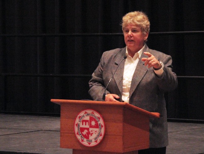 Police Chief Anne P. Galvin answers questions about sexual assaults at the CSUN Town Hall Meeting on Thursday, Oct. 22, 2015. (Betsy Belle Camacho/ The Sundial)