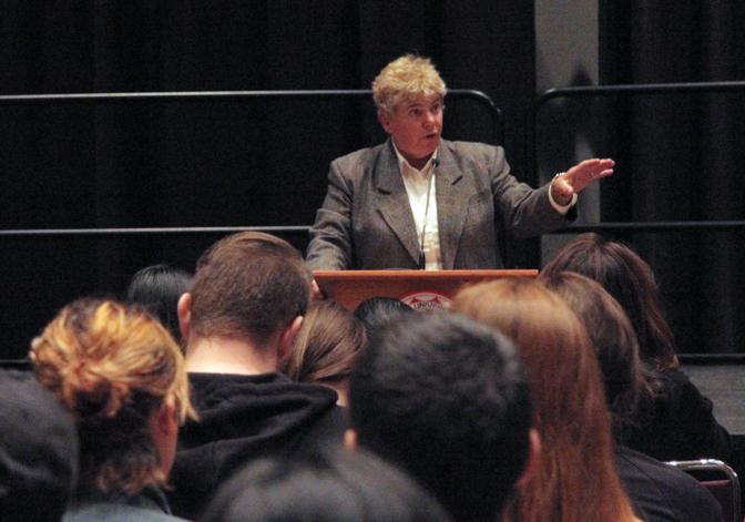 Police Chief Anne P. Galvin answers questions about sexual assaults at the CSUN Town Hall Meeting on Thursday, Oct. 22, 2015. (Betsy Belle Camacho/ The Sundial)