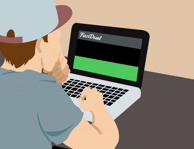 An illustration of a student focusing on a computer that reads, FanDuel
