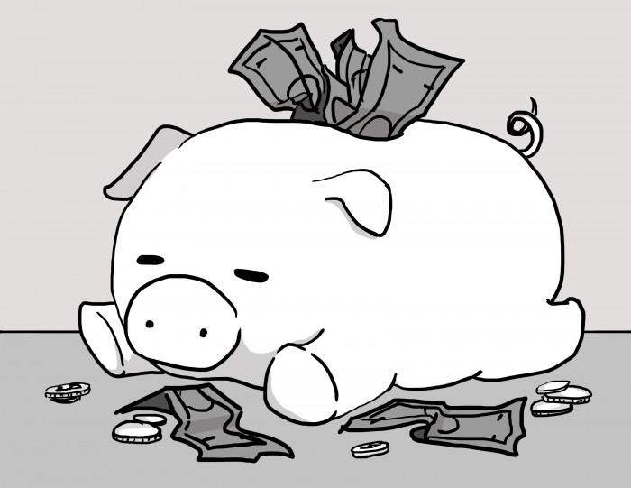 An illustration of a piggy bank on his stomach. There is money spilling out from the slot and onto the ground.