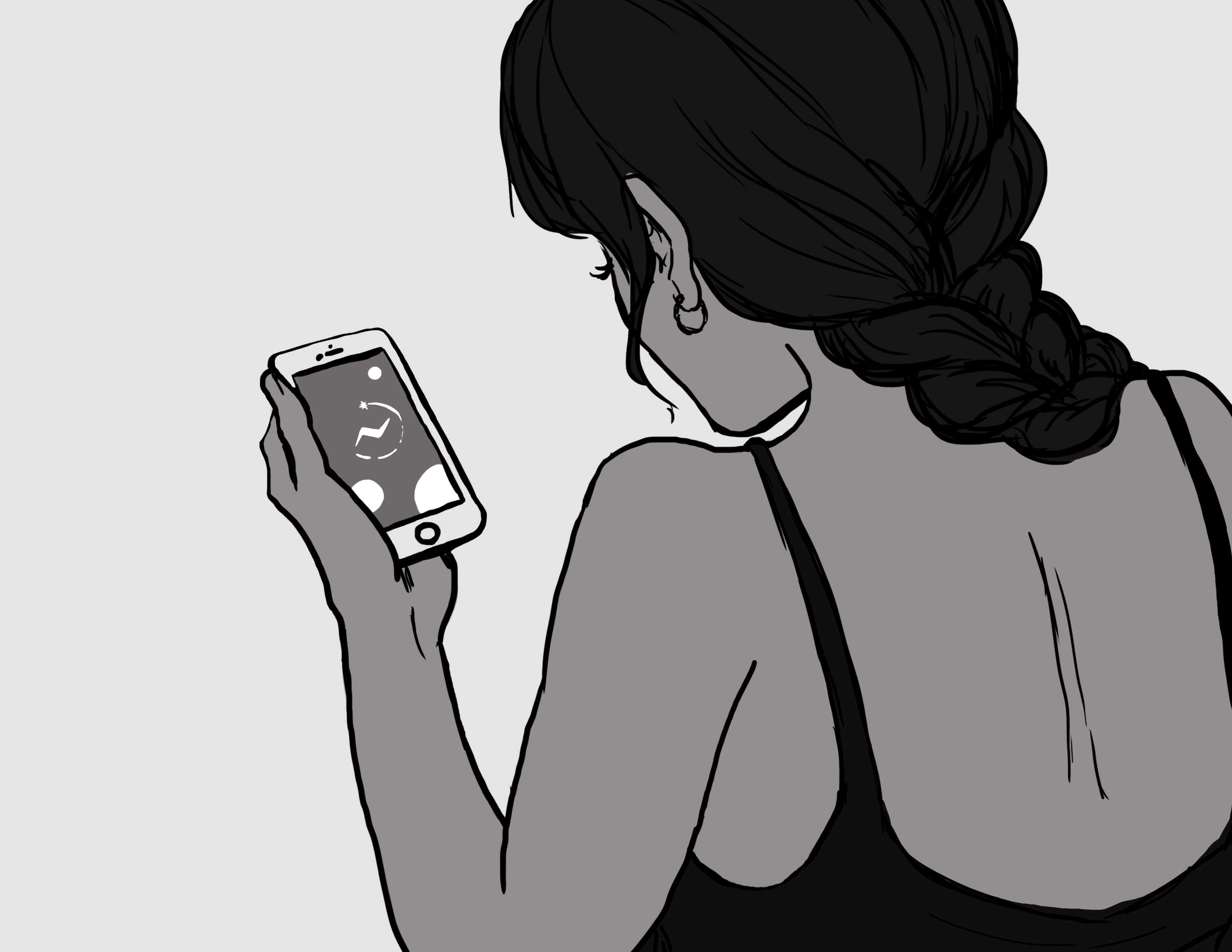 Cartoon of women looking at phone screen.