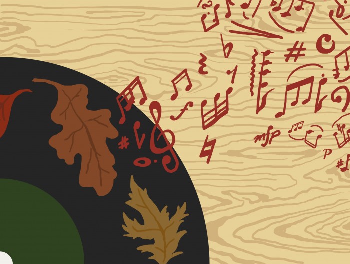 A record with leaves and musical notes coming from the record.