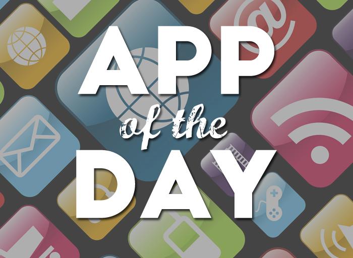 Sign reading: App of the Day. The background deicts various mobile applications including email, wifi, web, games and more.