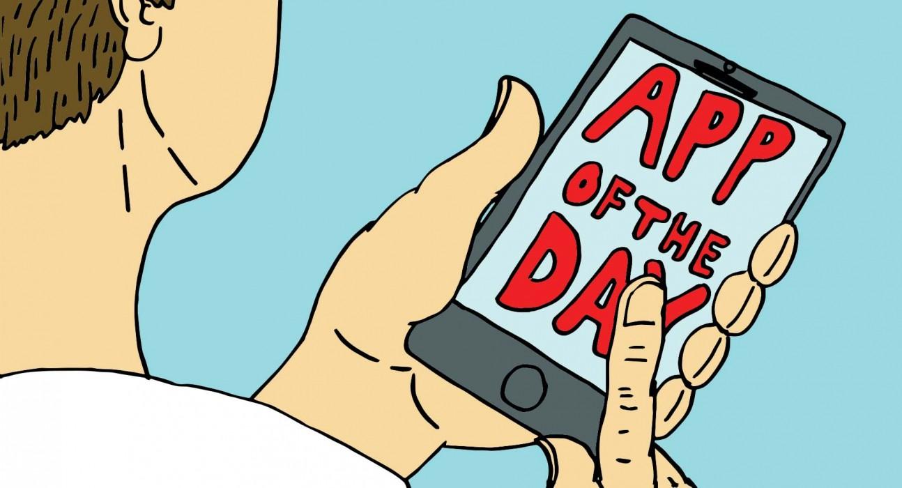 Cartoon of male holding a phone that reads  App of the Day