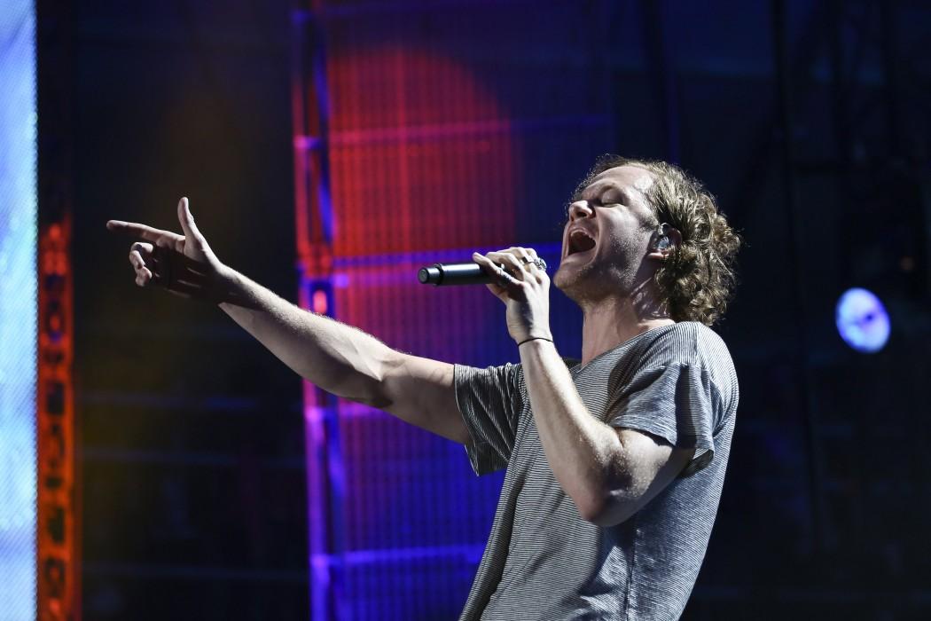Dan Reynolds of Imagine Dragons performs during Farm Aid 30 at the FirstMerit Bank Pavilion on Northerly Island Saturday, Sept. 19, 2015, in Chicago. (Armando L. Sanchez/Chicago Tribune/TNS)