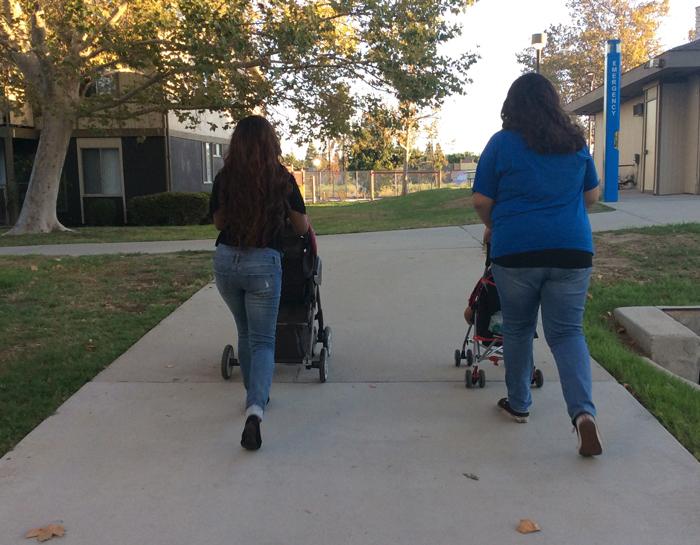 Two+mothers+pushing+their+children+in+strollers+on+CSUN+campus.