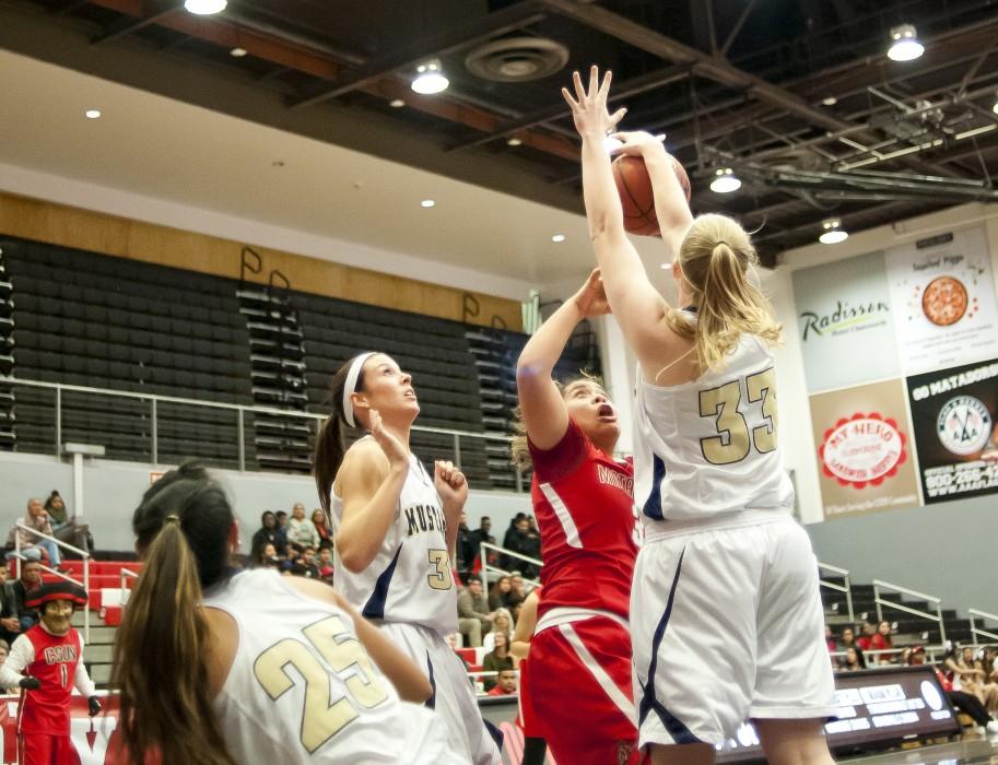 Sophomore guard Serafina Maulupe gets her shot blocked in a loss against the Master's College on Nov. 6 at the Matadome. She and the Matadors could not pull off a late comeback against Cal Poly on Jan. 21. (File Photo / The Sundial)