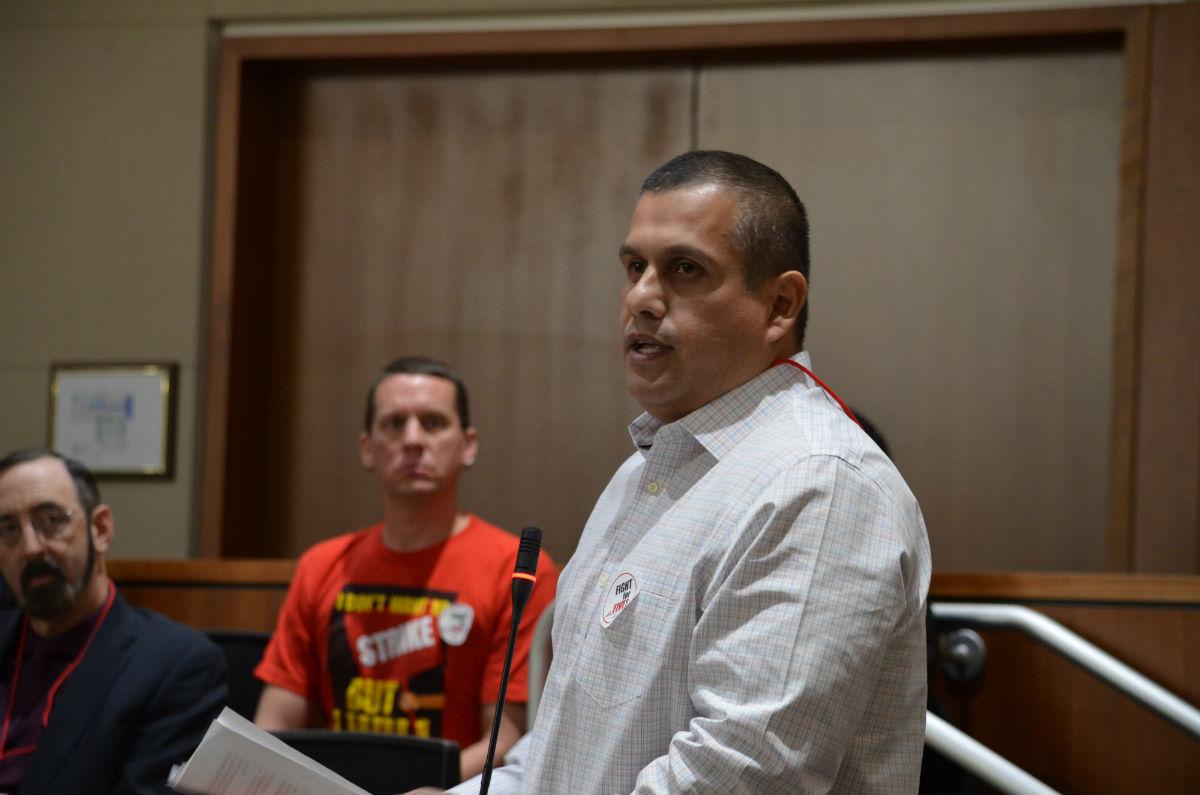 CSUN lecturer Antonio Gallo addresses the trustee board. Several members of the CFA spoke trustees and the CSU about why they were pushing for a 5 percent salary increase before the beginning of Tuesdays meeting in Long Beach. Photo credit: Daniel Shin