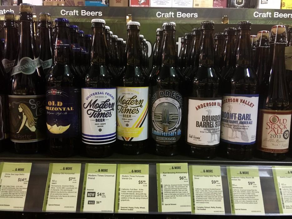 Display of eight beers in a Beer and Wine store.