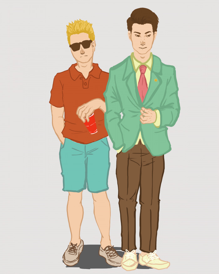 A drawn illustration of two frat students: one is dressed in a colorful suit and the other is dressed in casual clothes with sunglasses and a cup in hand.