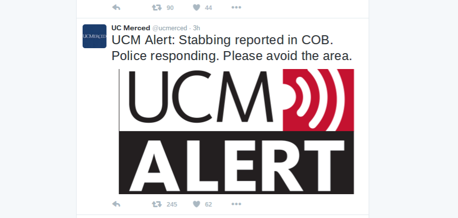 UCM Tweet reads: UCM Alert: Stabbing Reported in COB. Police responding. Please avoid the area.