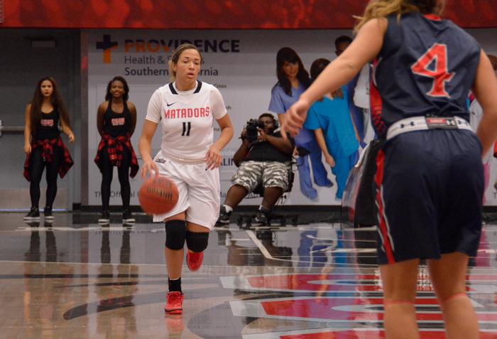 Freshmen Mimi Jackson brings the ball up the court in the the loss to the Saint Mary's Gaels by a score of 59-93 at the Matadome in Northridge Calif., on Friday, Nov. 13, 2015. (Raul Martinez/ The Sundial)