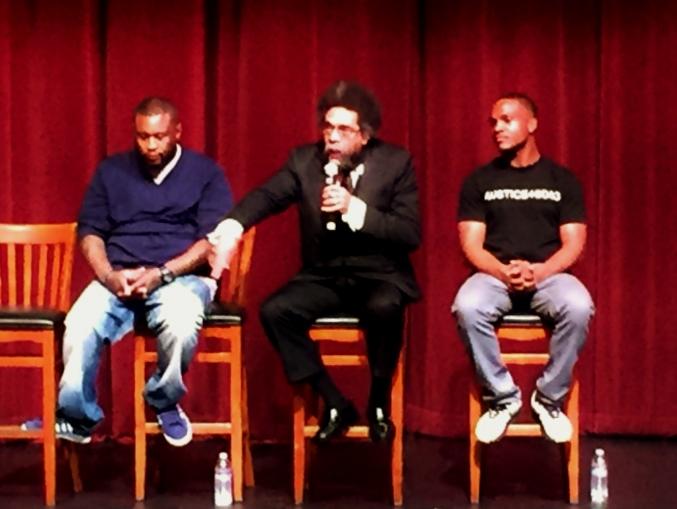 Brandon Duncan a.k.a Tiny Doo, Dr. Cornel West, and Aaron Harvey opened up the floor for questions regarding their experiences as well as questions about organizing and activism. Photo credit: Priscilla Diaz