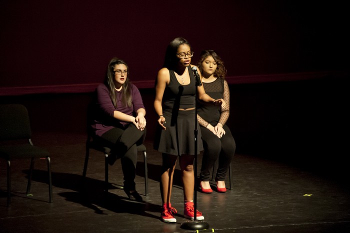 Students on stage during one of The Vagina Monologues performances on Feb. 26. Courtesy of David Hawkins. Photo credit: David Hawkins