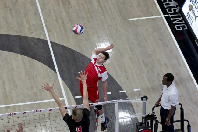 Dimitar Kalchev returns serve against Stanford University on Feb. 6. He is among the leaders in the NCAA in aces, despite only playing volleyball for six years.