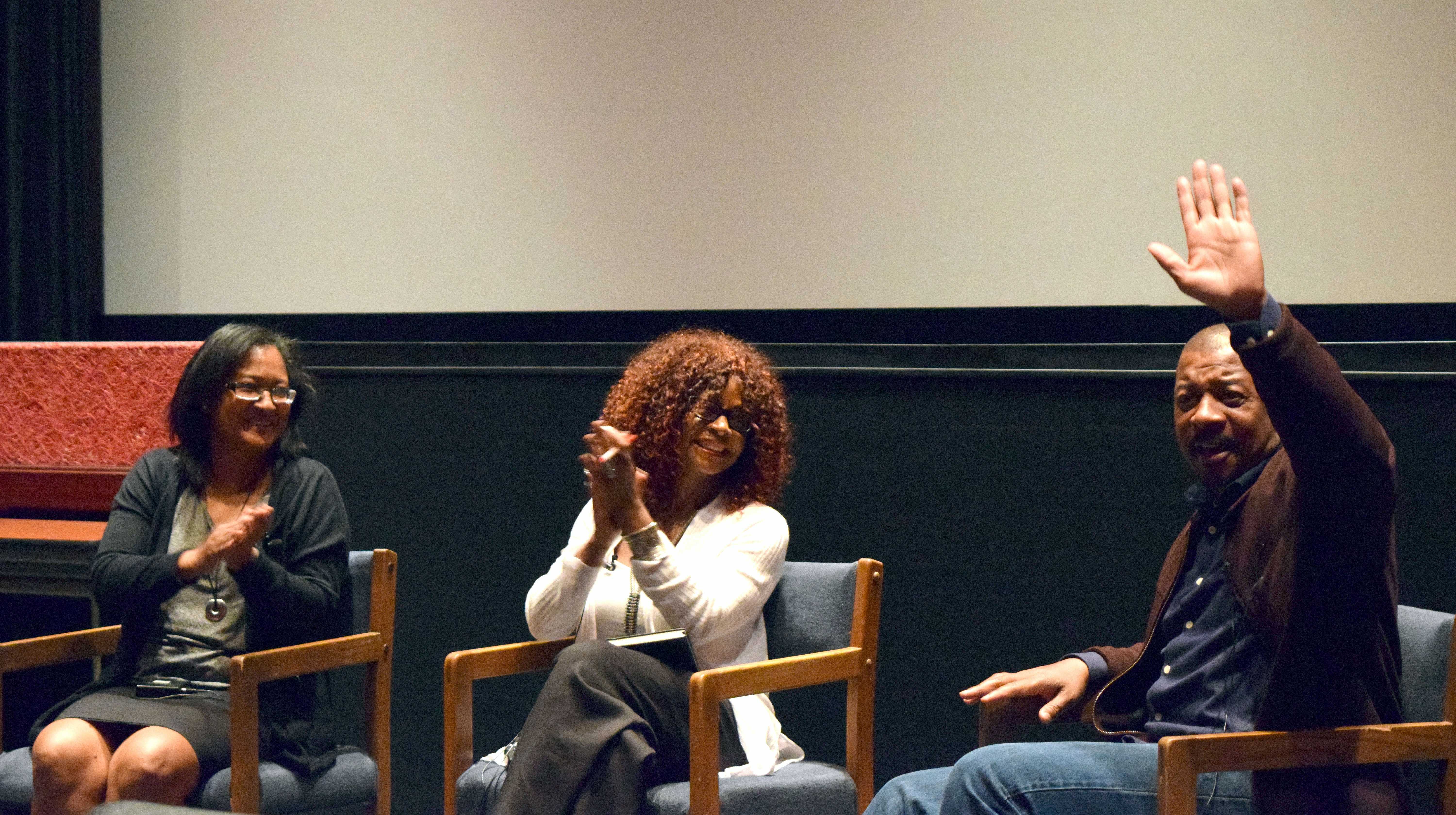 The moderators for the question and answer portion of the Hollywood Shuffle screening on Monday, Feb. 8. Frances Gateward, from left, CSUNs option head for media theory and criticism, Sylvia Macauley, department chair and professor of the Africana studies and Robert Townsend, producer, director, co-writer and actor in Hollywood Shuffle.