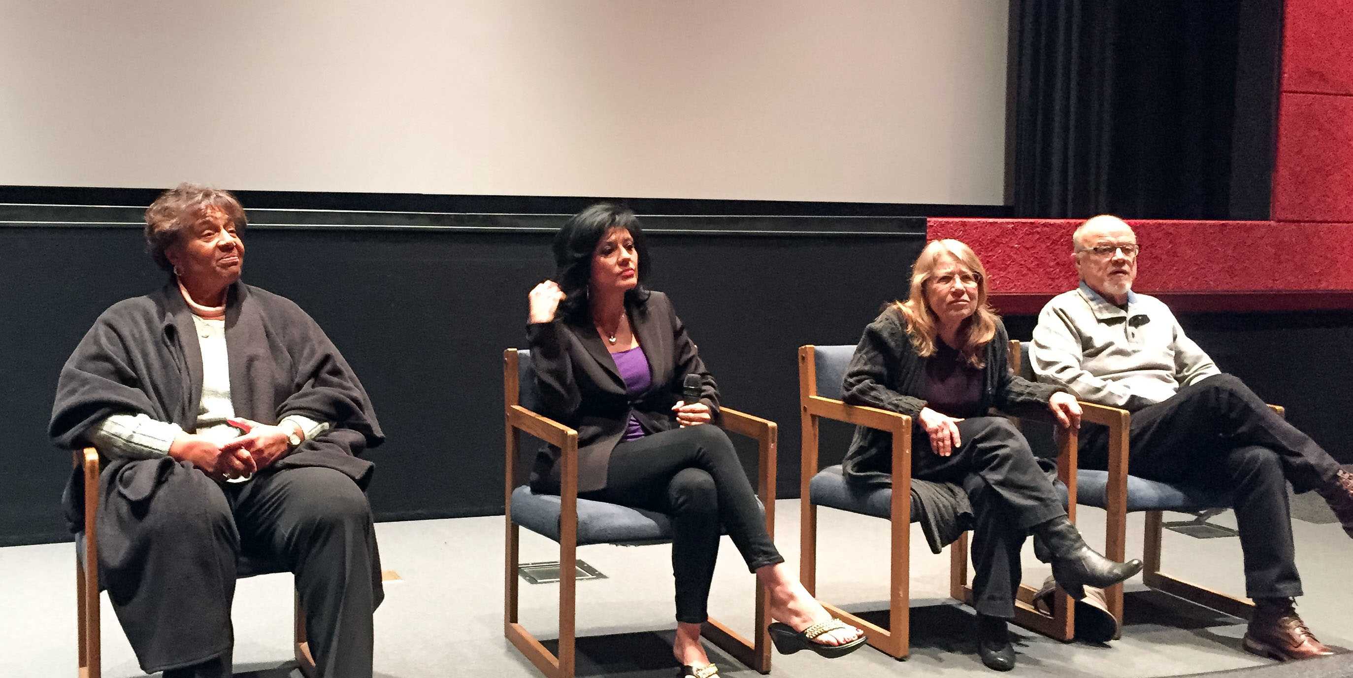 The panel of guests at the documentary screening of Briding the Divide on Monday, Feb. 1. From left: Lorraine Bradley (Tom Bradleys daughter), Alison Sotamyer (producer), Lyn Goldfarb (producer), Kent Kirkton (director of the Tom & Ethel Bradley Foundation at CSUN).