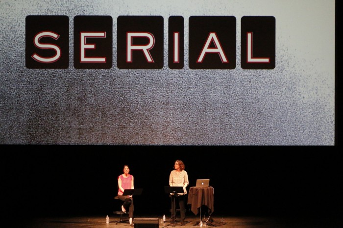 Julie Snyder and Sarah Koenig, the creators of the popular podcast, SERIAL, described the process of creating their award winning show March 5 at the VPAC. Photo credit: Nicollette Ashtiani