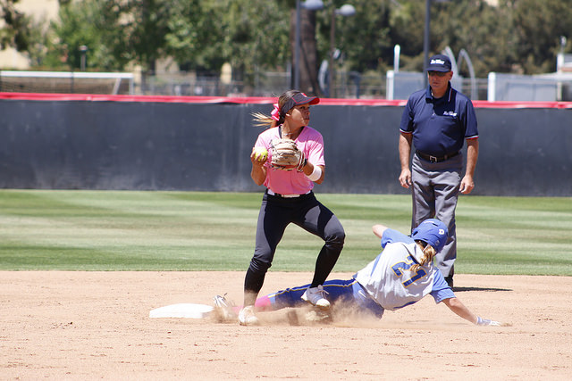 FILE PHOTO - Sophomore infielder Savannah Horvath tags an opposing player out. Horvath finished the game with two runs, two RBI's and a home run against the UC Santa Barbara Gauchos on April 17, 2016. Photo credit: Josue Aguilar