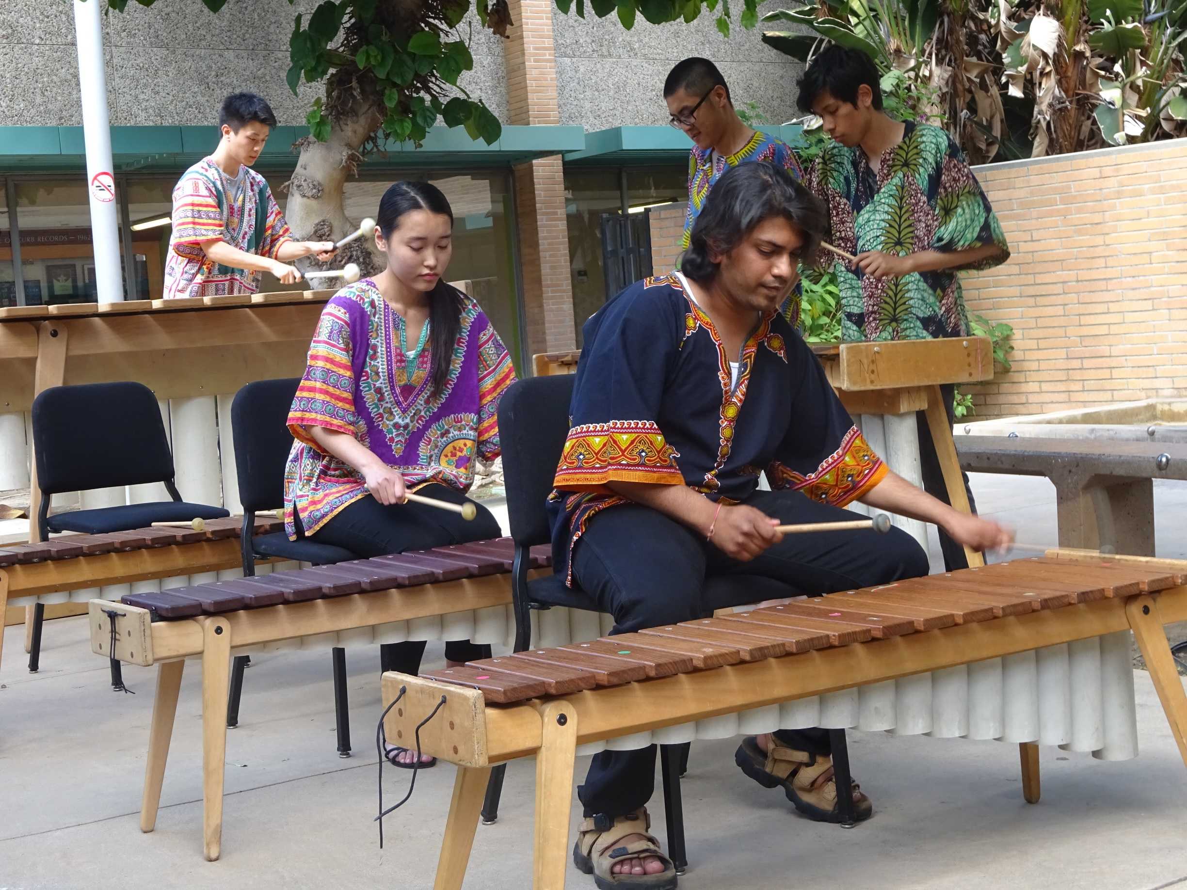 Several students pictured playing marimbas