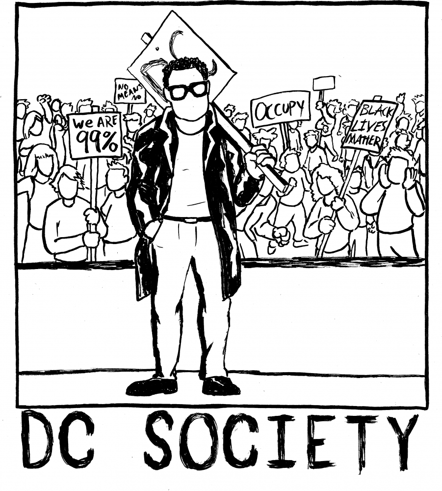 Drawing of a crowd carrying picket signs