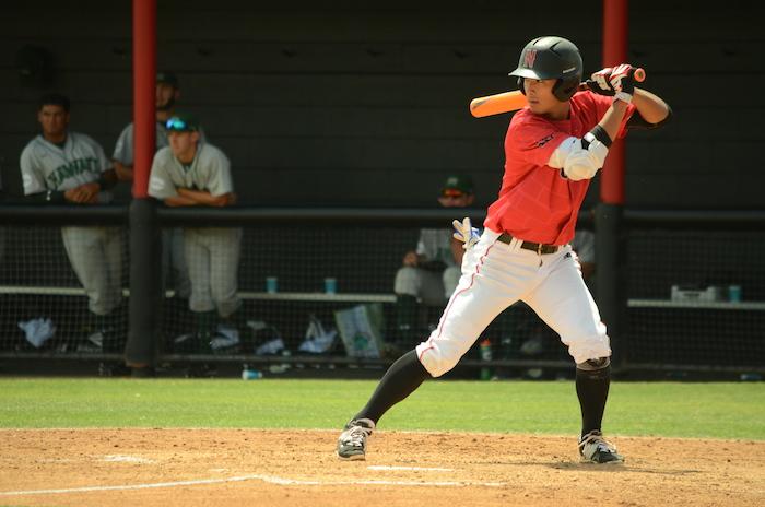 FILE PHOTO - Senior infielder Yusuke Akitoshi steps up to bat against the Hawai'i Rainbow Warriors During a home game on April 24. Akitoshi earned four RBIs during the game. Photo credit: Erik Luna