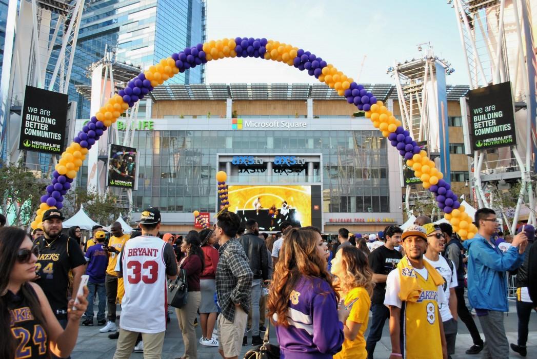 Lakers fans stand outside