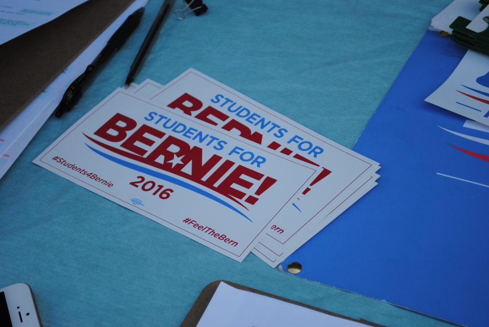 Students for Bernie bumper stickers pictured
