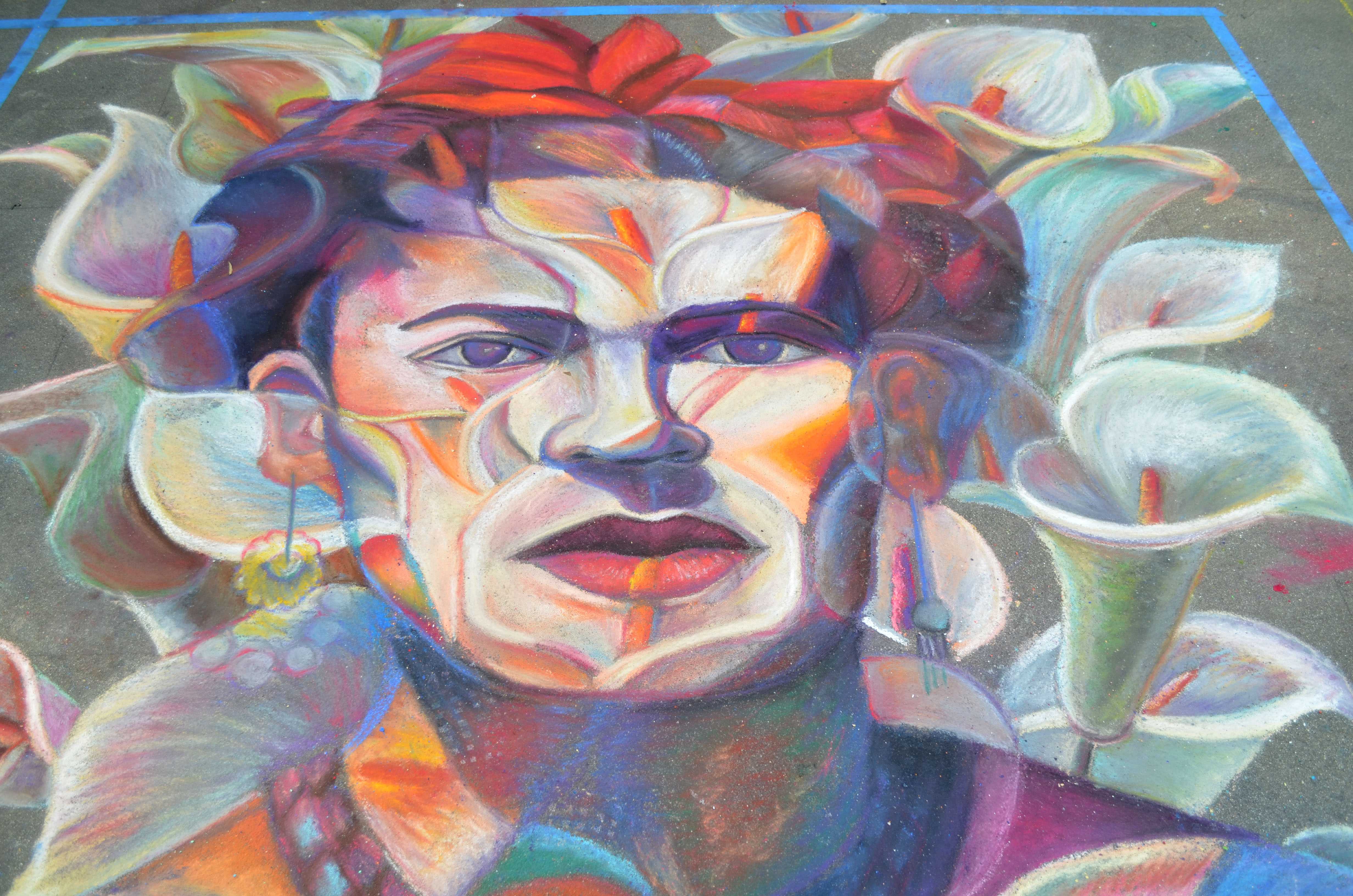 Chalk portrait of Frida Kahlo made of flowers