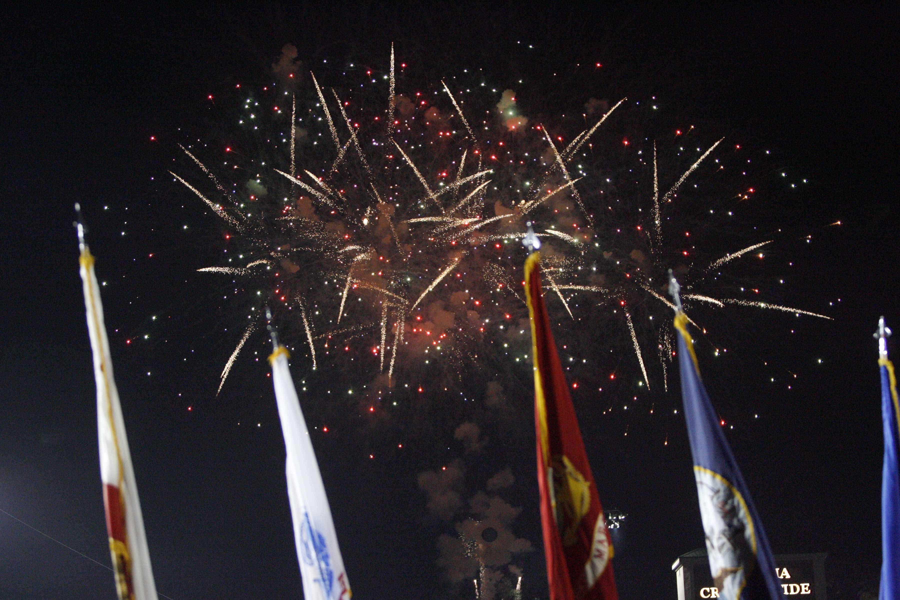 Fireworks shown behind flags