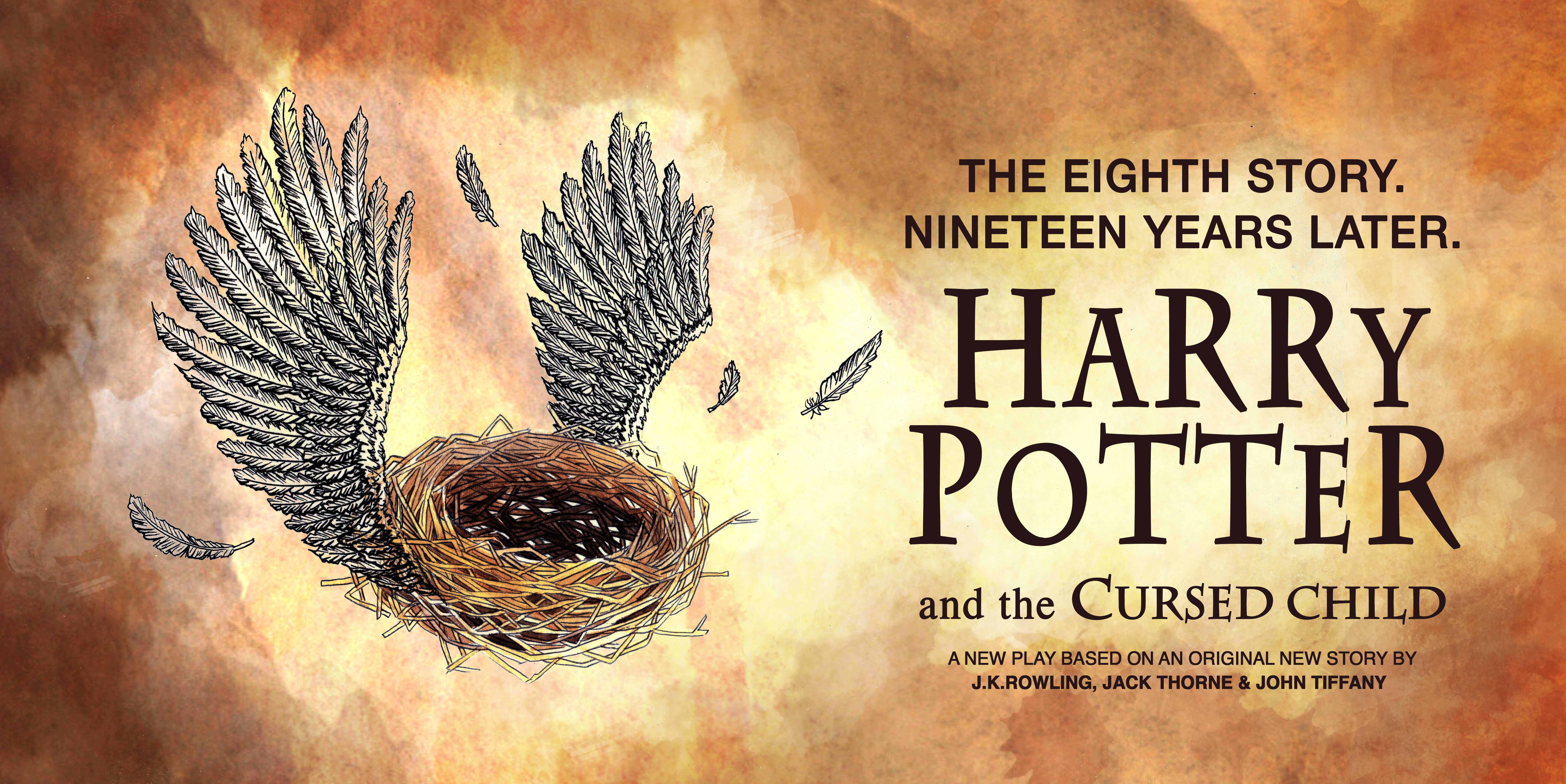 Harry Potter an the Curse Child background shows a birds nest with wings