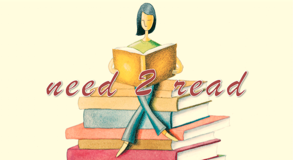 need 2 read logo shows woman sitting atop a pile of books while reading a book