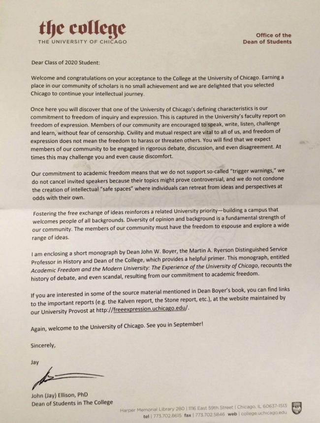 Letter sent to University of Chicago students about the end of safe spaces and trigger warnings.  Credit: Corruption Now Twitter